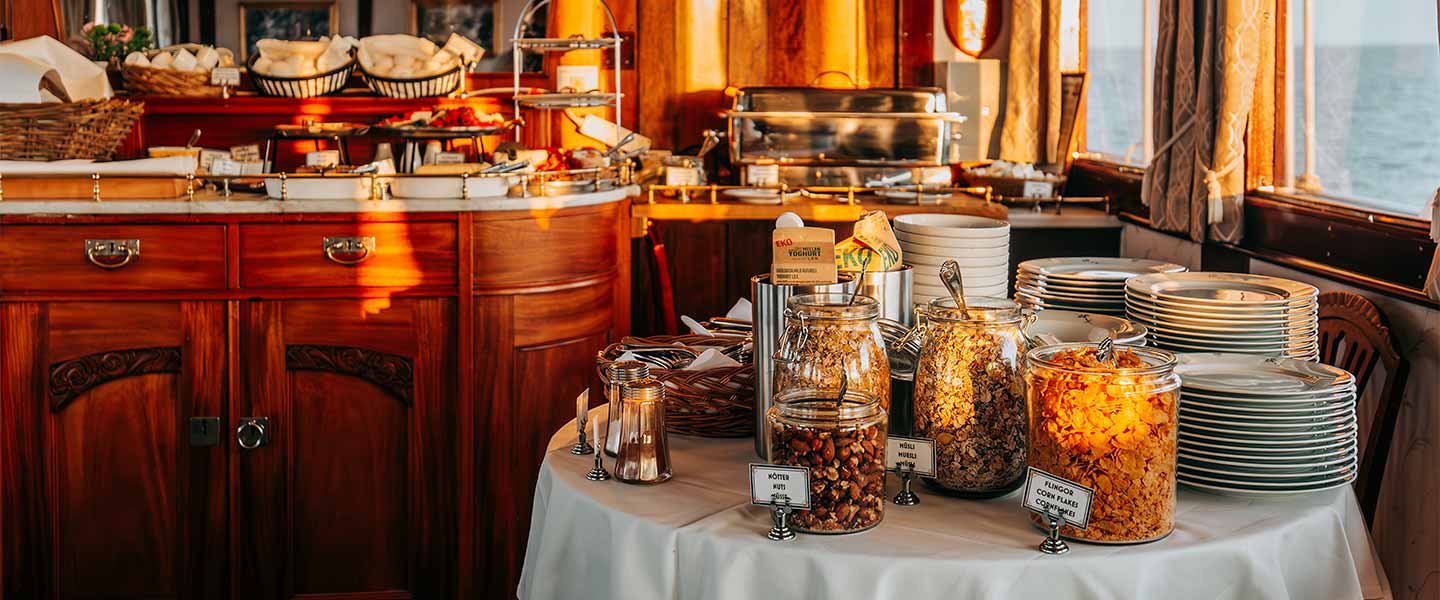 A prepared breakfast buffet onboard M/S Juno